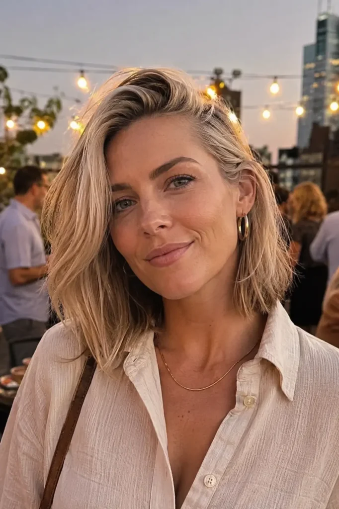 A real woman in her 30s with fine blonde hair styled in a deep side-parted lob smiles naturally at a rooftop gathering. Warm string lights glow softly in the background while evening light highlights the texture, movement,
