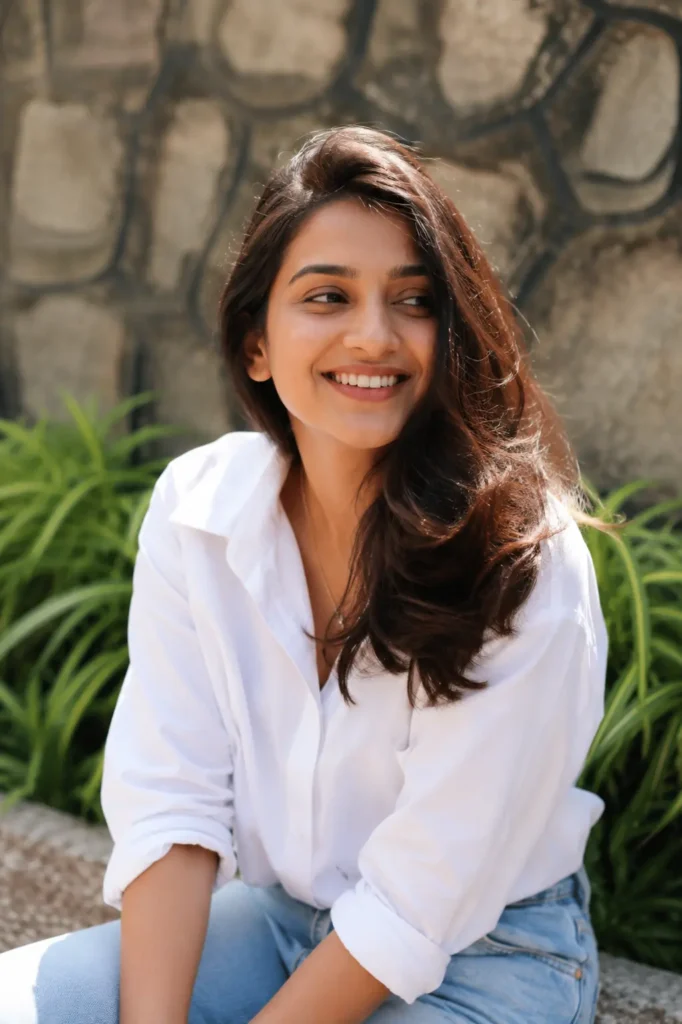 A smiling young woman outdoors in natural daylight, wearing a white button-up shirt and light blue jeans, with medium-length side-parted wavy brown hair, seated in front of a stone wall and green plants