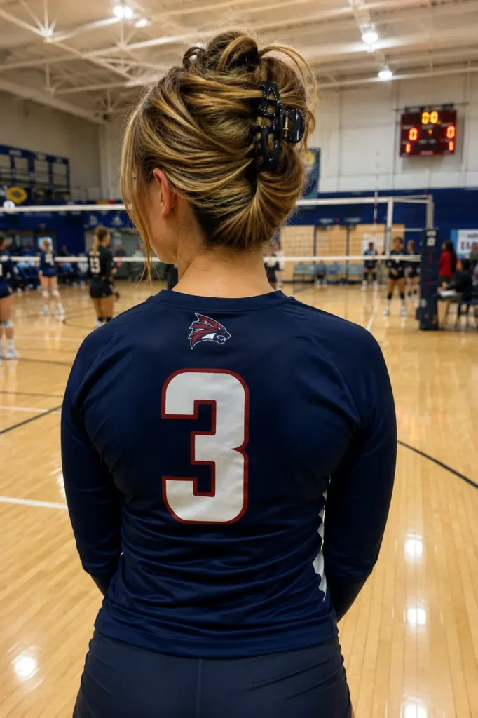 Back view of a real teenage volleyball girl wearing a navy volleyball jersey, featuring a side-swept athletic claw clip updo with twisted layered hair sections secured in a large black claw clip