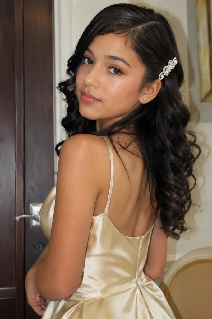 teenage girl around 13–14 years old with side-swept glossy curls styled over one shoulder and adorned with a rhinestone hair clip. She wears a champagne satin formal dress and soft glam makeup, looking back toward the camera with a gentle expression