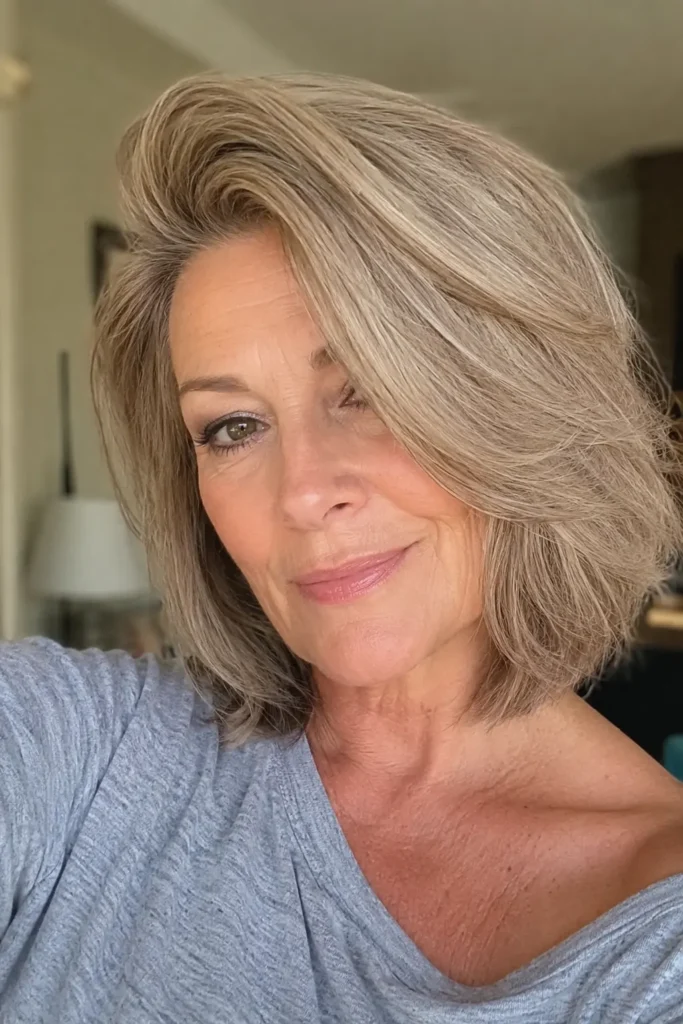 a woman around 50–60 years old with a side-swept layered lob hairstyle featuring soft volume and natural movement