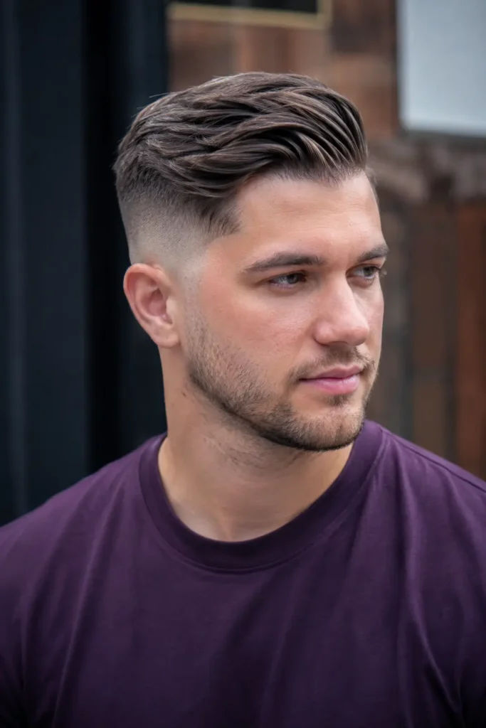 a young English man wearing a dark purple shirt with a side swept undercut hairstyle and clean fade details