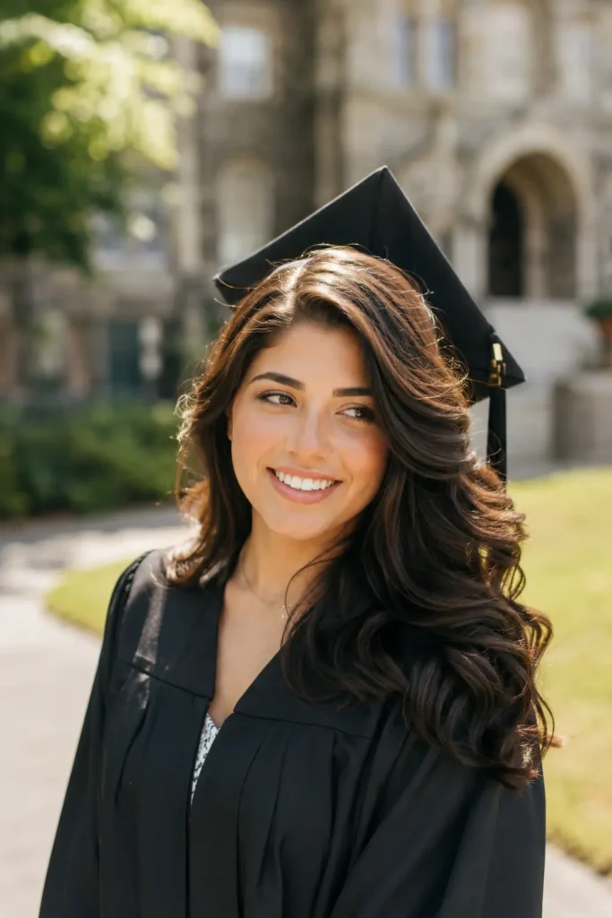 Side-swept waves graduation hairstyle on a young woman wearing a graduation gown and cap tilted back slightly