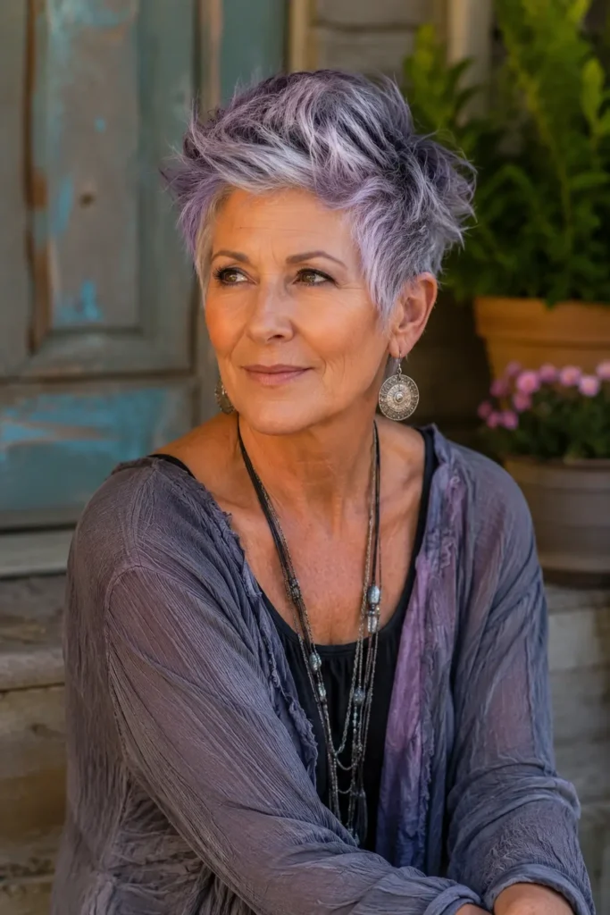 A confident woman in her late 50s or early 60s with a unique personalized pixie haircut featuring textured silver and soft lavender tones sits outdoors in a natural setting. She wears layered jewelry and a relaxed outfit,