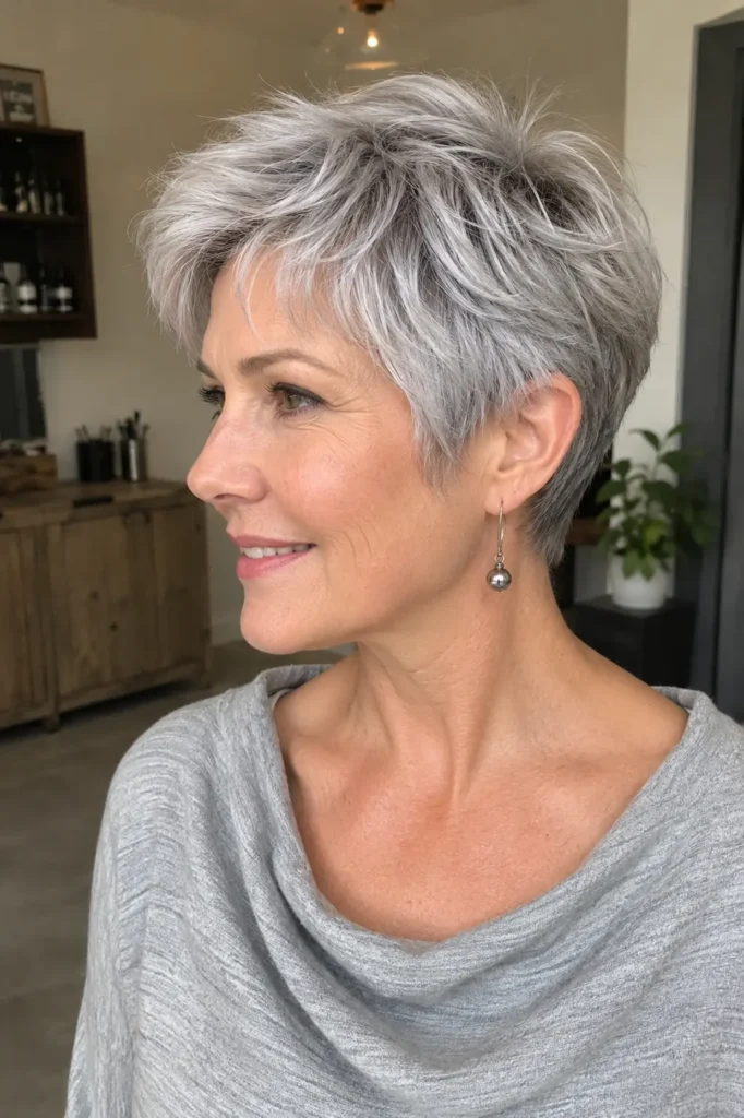 a woman over 40 with a feathered silver pixie haircut, featuring metallic silver tones with soft shine and texture