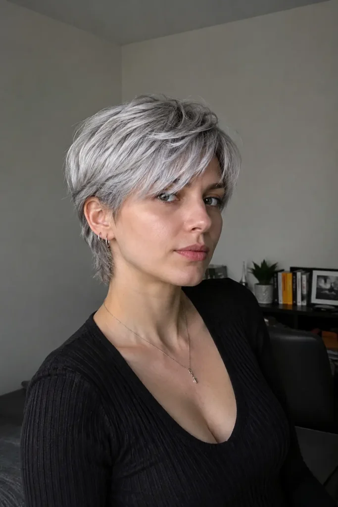 Young woman with a silver fox pixie haircut featuring soft feathered layers and metallic silver tones, photographed indoors with natural lighting