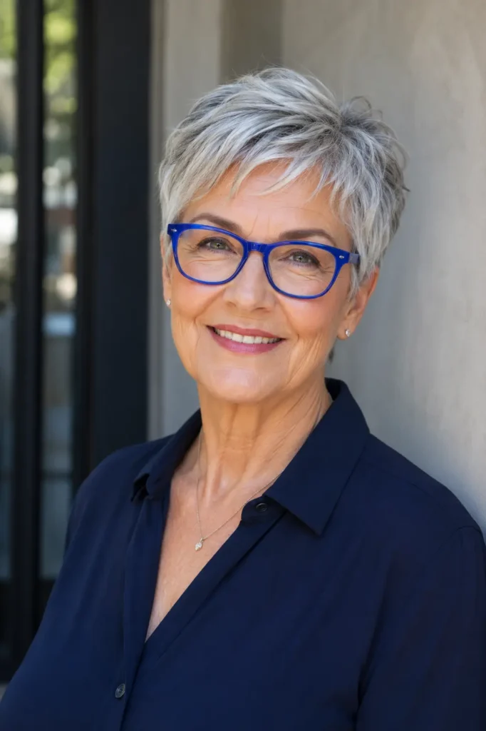 A confident woman in her 60s with a natural silver pixie haircut smiles warmly at the camera in soft daylight. She wears bold cobalt blue eyeglass frames, a simple navy blouse, and minimal jewelry, creating an elegant