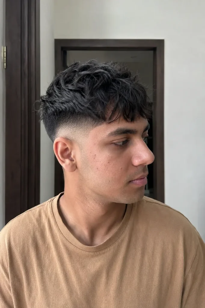 a young man in a camel-colored shirt with a skin fade and textured fringe haircut, featuring natural skin texture