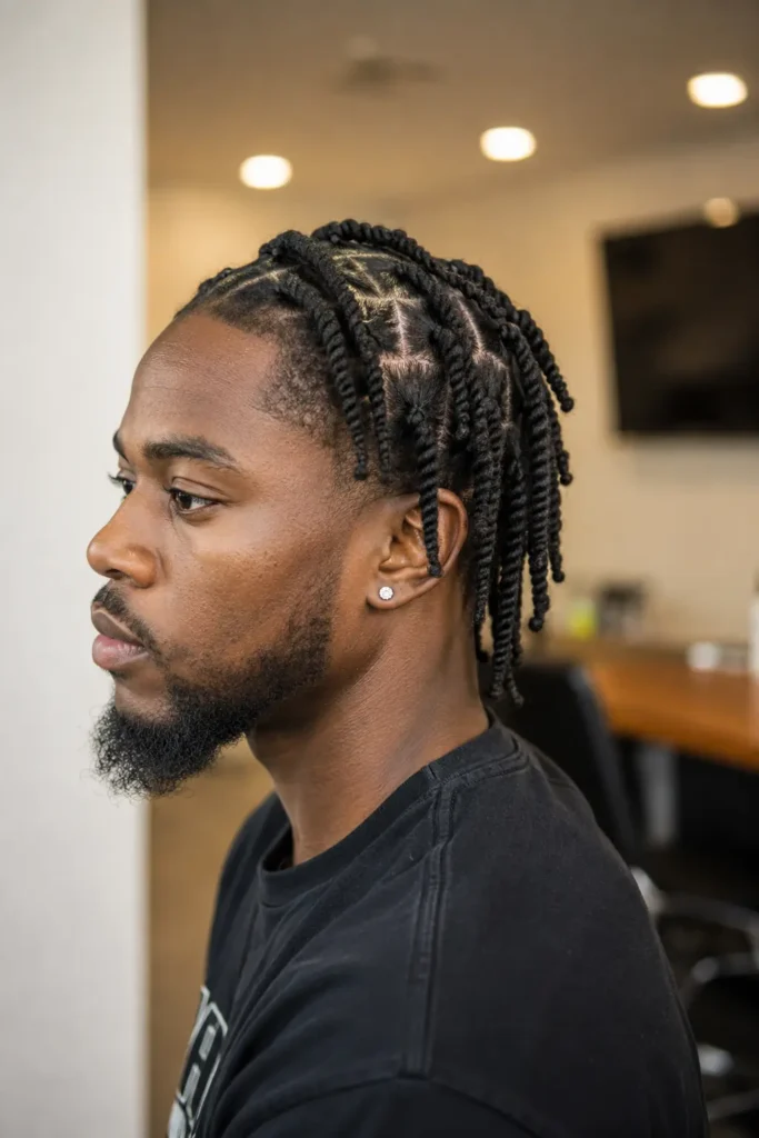 Side-profile portrait of a real African American man with a skinny barrel twist loc hairstyle, featuring neatly sectioned twists and a detailed scalp pattern. He has authentic facial features, realistic skin texture, a well-groomed beard, and a small stud earring. Wearing a casual dark T-shirt