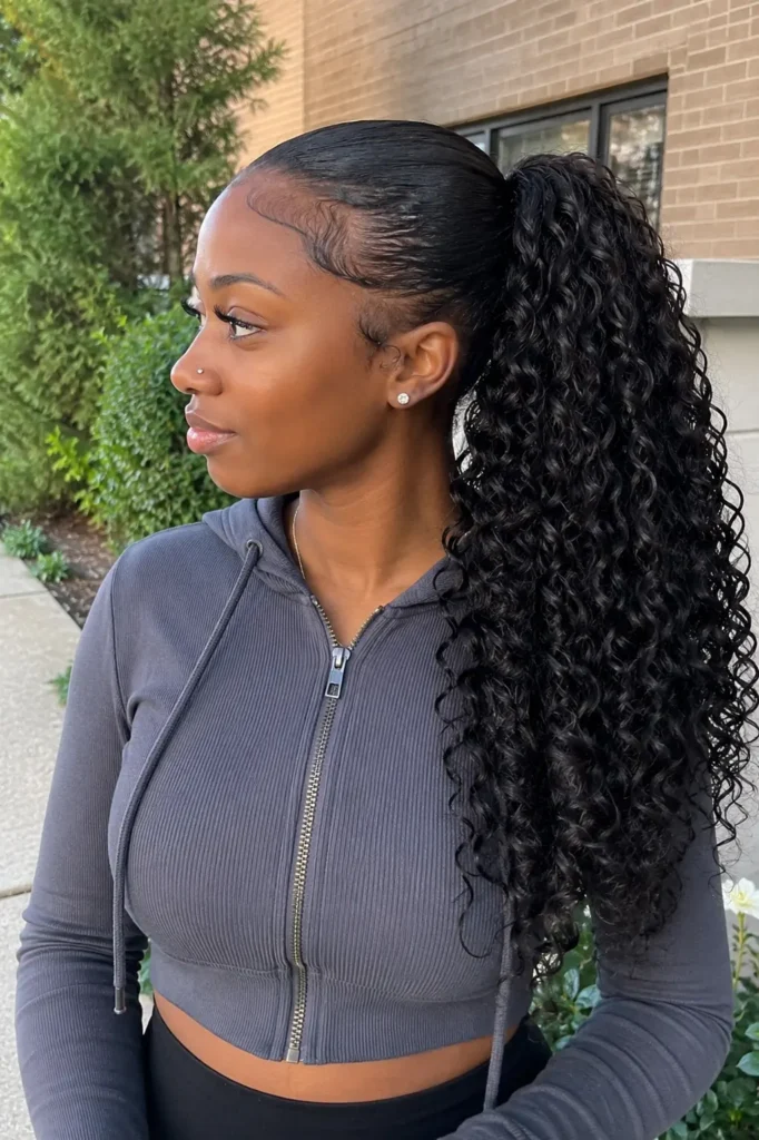 young woman with realistic skin texture and a sleek curly quick weave ponytail, featuring smooth laid roots and long defined curls cascading down the side. She wears a casual zip-up outfit