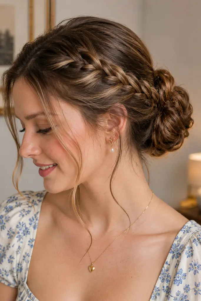 Soft side-profile portrait of a real-looking young English woman with a sleek front braided bun hairstyle, featuring glossy dark hair woven into detailed braids wrapped into a low textured bun. She has authentic facial features, natural makeup, and a gentle smile