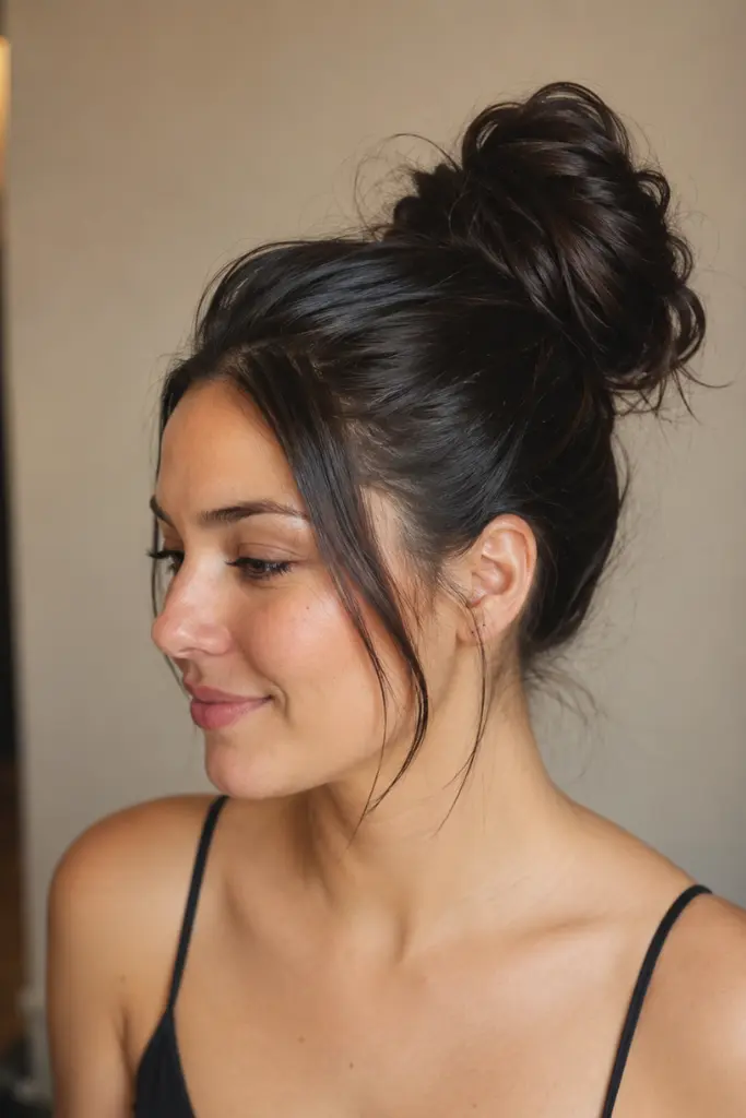 a woman in her late 20s with sleek glossy roots and a textured airy bun hairstyle. She has a natural feminine appearance with soft skin texture and minimal makeup