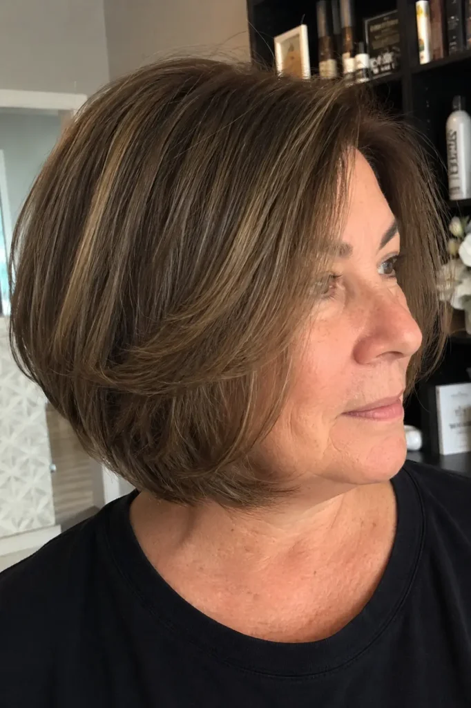 a 50–60-year-old woman with a sleek layered bob hairstyle and side part, featuring natural facial features