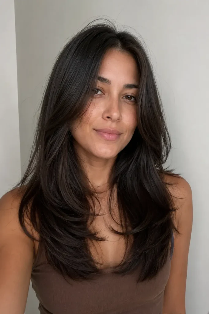 young woman with sleek layered dark hair styled in a center part, featuring glossy smooth layers that frame her face. She has natural skin texture, realistic facial features, and a soft elegant expression.