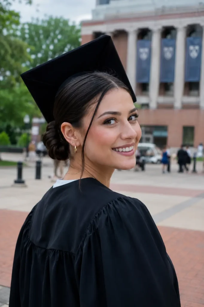 young woman in graduation gown and cap with a sleek low bun hairstyle, smiling naturally on a university campus in daylight, with the graduation cap tilted back to showcase the hairstyle clearly.