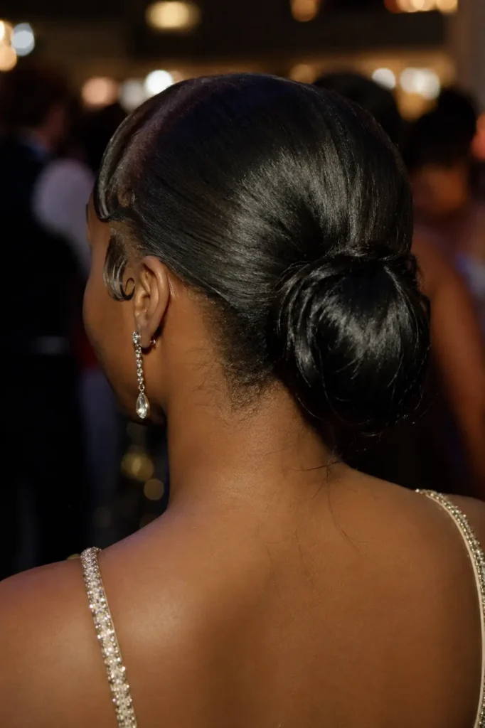 Close-up, back view of a Black teenage girl at a prom venue, featuring a sleek low bun hairstyle with styled baby hairs and dangling elegant earrings