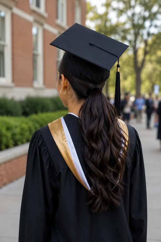 Back-view graduation portrait of a real young woman with a sleek low ponytail hairstyle, wearing a graduation cap slightly pushed back to reveal hair details