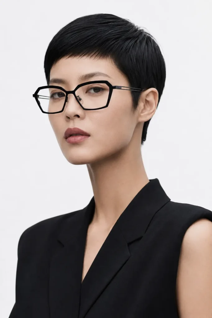A high-fashion editorial portrait of an East Asian woman in her late 20s with a sleek jet-black pixie cut and glossy pin-straight hair. She wears oversized angular geometric glasses and a structured black blazer, posing with a calm,