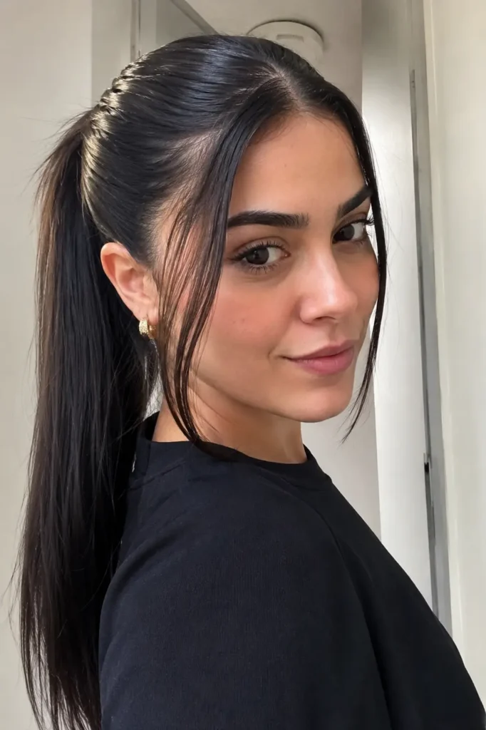 a young woman with a sleek glossy ponytail and soft front framing strands, featuring natural facial expressions