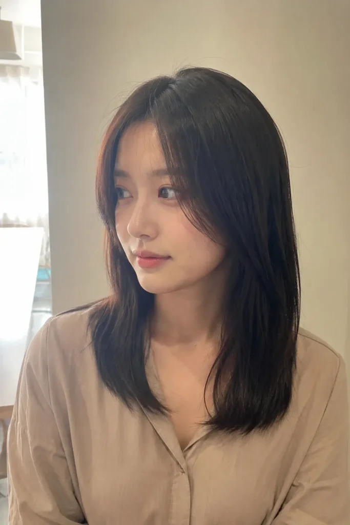 Real girl with sleek straight medium-length dark brown hair, wearing a neutral beige blouse in soft indoor natural light