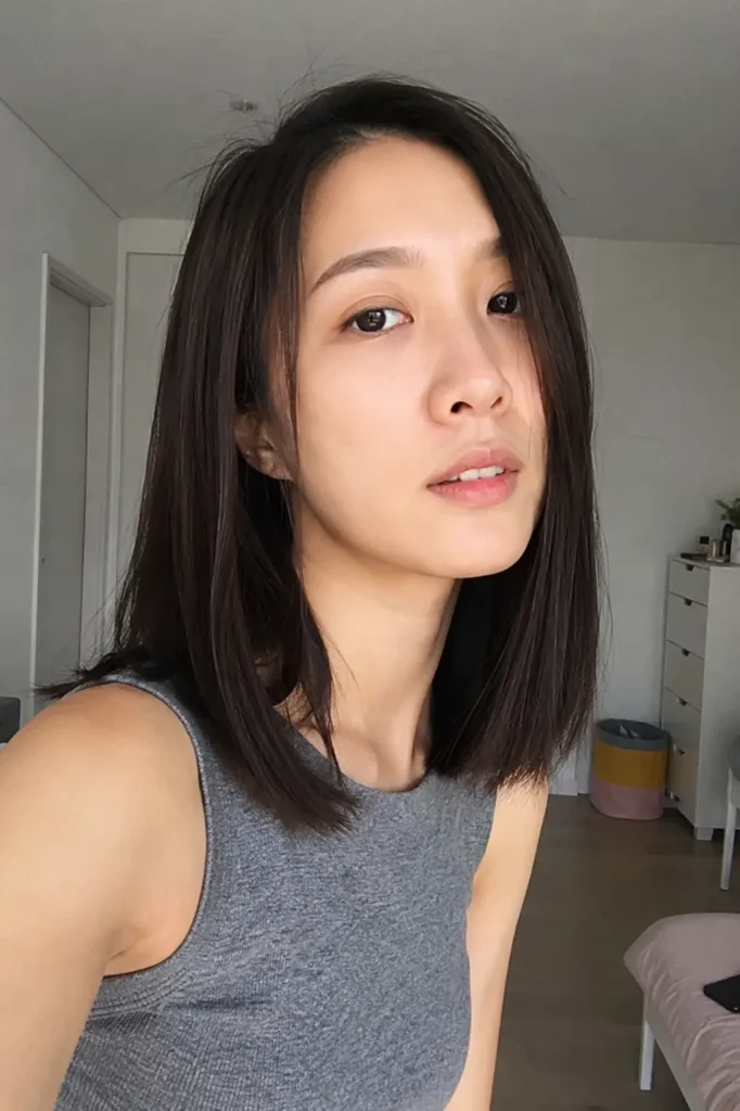 young woman with a long face shape and sleek straight medium-length dark hair, photographed indoors in soft natural daylight.