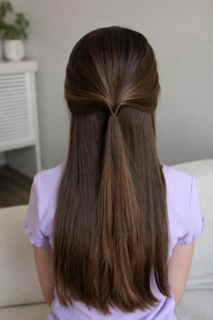 a young girl with sleek, straight half-up half-down hairstyle, featuring smooth, shiny brown hair with subtle highlights, styled neatly with a central twist; natural indoor lighting and a soft neutral background keep the focus on the realistic hair texture and centered hairstyle.