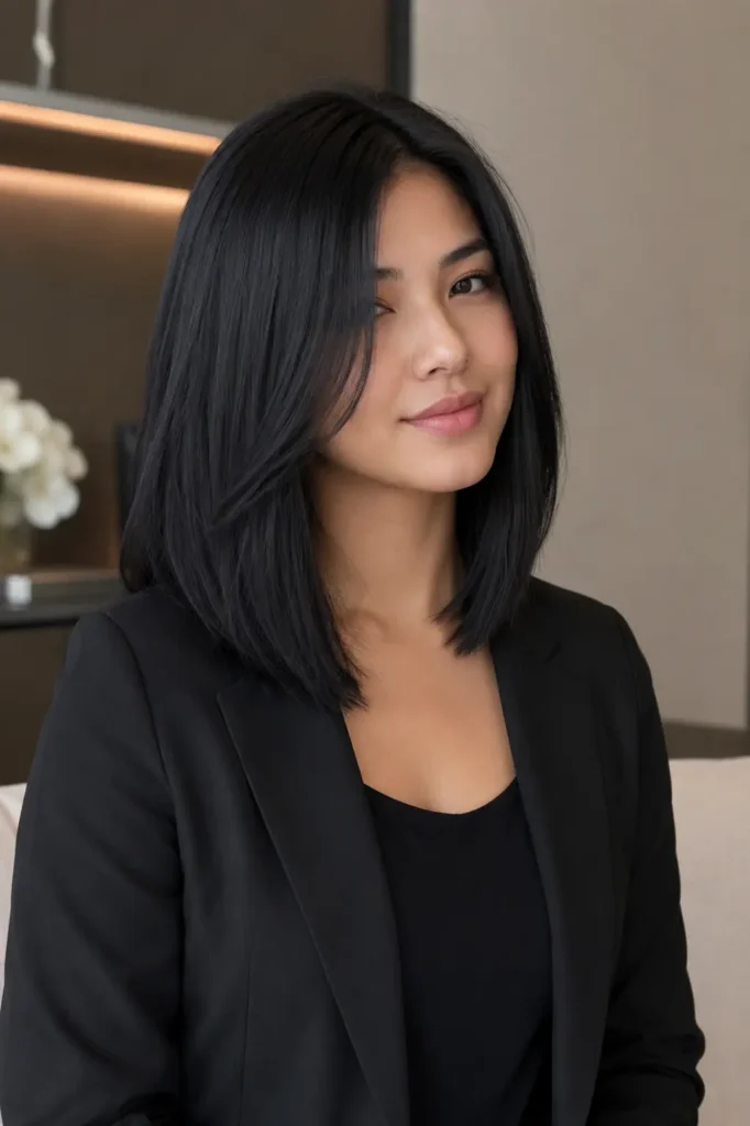 a young woman with sleek, straight, jet-black layered bob haircut with a smooth, polished finish and subtle volume. She is wearing a black blazer over a black top