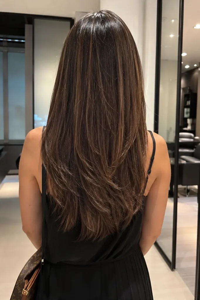 a real woman with sleek, straight layered hair cascading down her back, featuring glossy, smooth layers and subtle dimension