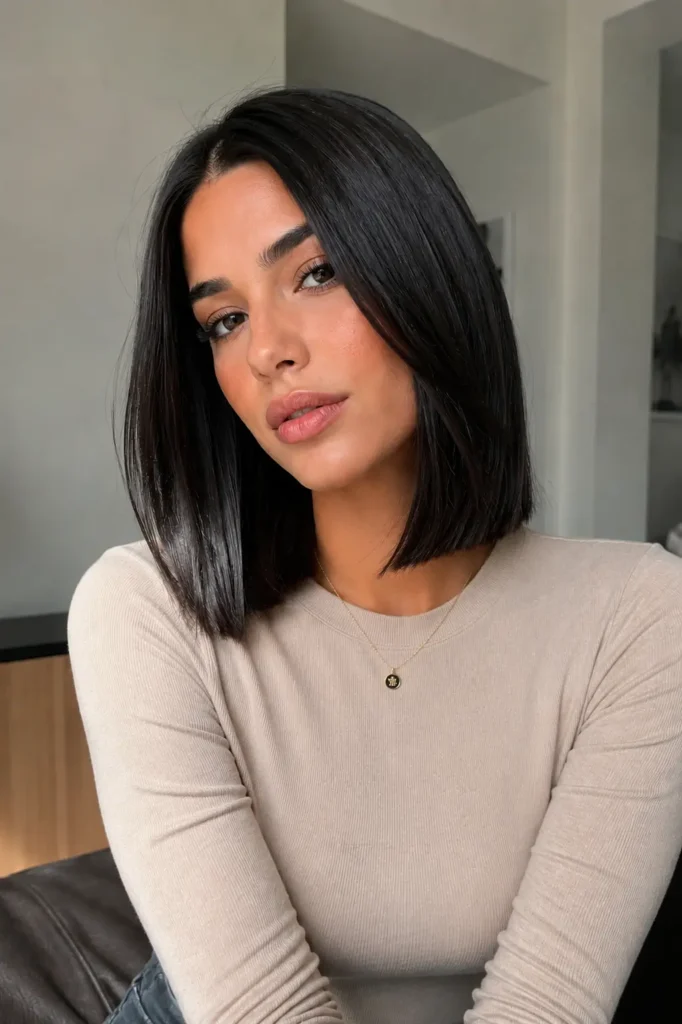 Real girl with sleek straight lob haircut, glossy dark hair finish, neutral long-sleeve outfit, soft indoor lighting, modern minimalist aesthetic