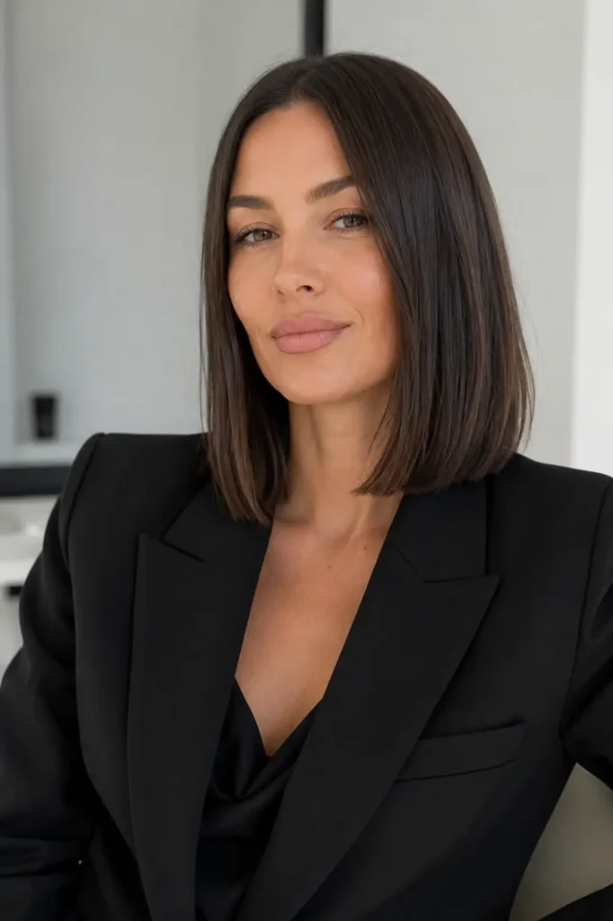 woman in her early 30s with a sleek straight lob haircut, glossy fine hair styled smooth and shiny, wearing a structured black blazer
