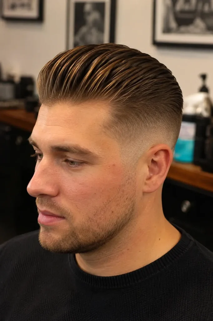 a  young man with a slick back undercut fade haircut, featuring sleek combed-back texture and clean fade details