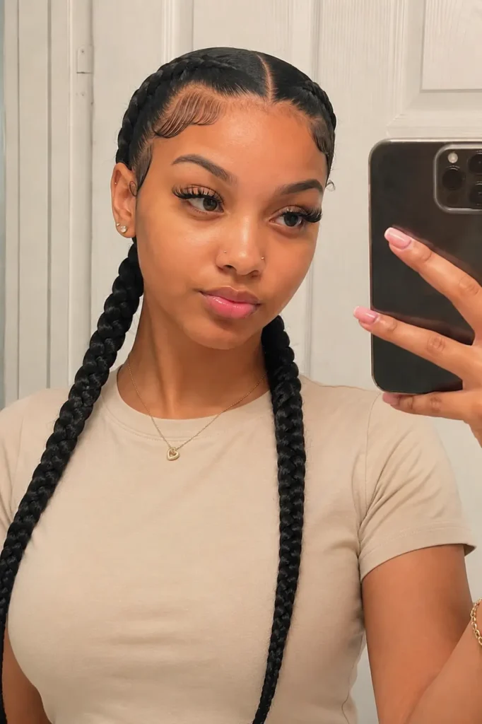 a young woman with slick front braided pigtails taking a mirror selfie indoors. She has glossy sleek roots with detailed braids, natural makeup, subtle jewelry