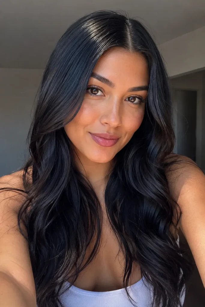 a woman in her late 20s with slick front hair and soft loose waves, featuring shiny sleek roots, natural glam makeup, authentic skin texture