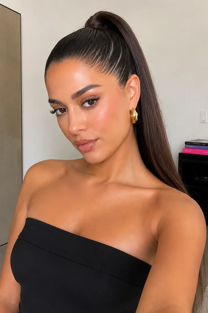 a glamorous young woman with a sleek high ponytail hairstyle. She has glossy makeup, natural facial features, glowing skin, and gold hoop earrings, wearing a black strapless top