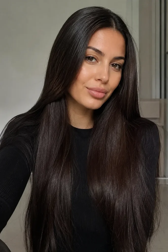 a woman in her late 20s with long, sleek, straight dark brown hair styled with a slick front part. She wears a fitted black top and faces the camera with a soft