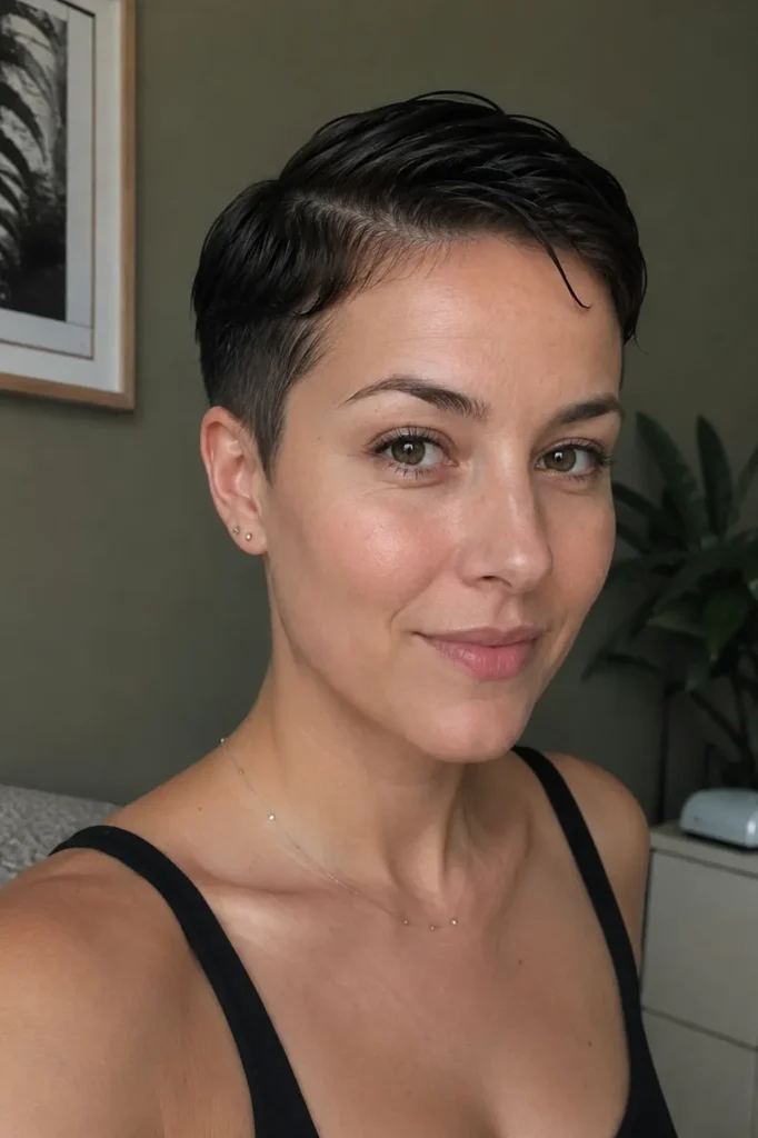 young woman with a slick front pixie hairstyle, featuring glossy short hair texture, natural makeup