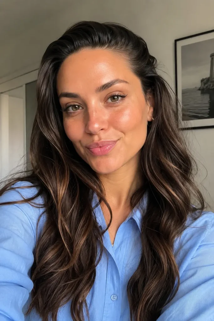 a young woman with slicked-front dark brown hair styled into loose beach waves, wearing a sky blue button-up shirt.