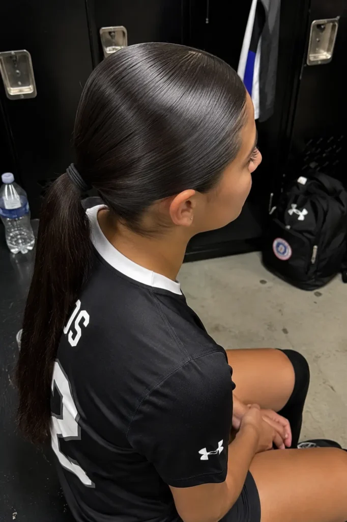 teenage soccer player with straight dark hair slicked into a glossy low ponytail, photographed from a slightly elevated back angle in a locker room