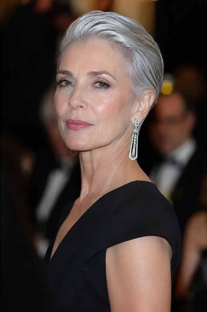 elegant portrait of a confident woman in her early 60s with a sleek slicked-back silver pixie cut, wearing dramatic dangling statement earrings and a sophisticated black dress at a formal event