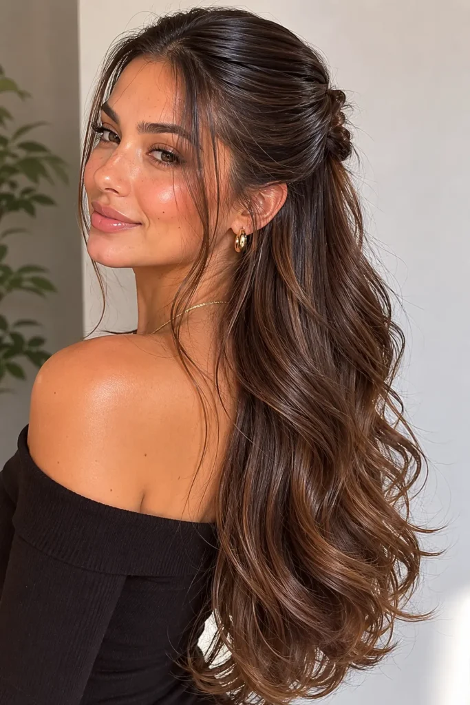 young woman with a slicked front half-up hairstyle, shown in a side-angle portrait with glossy sleek roots and long flowing waves