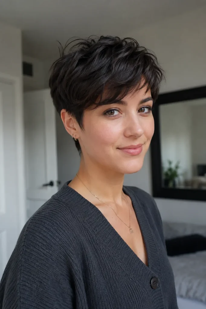 Young woman with a smoky espresso pixie haircut featuring piecey textured layers and soft volume, styled in rich dark brown tones with natural shine.