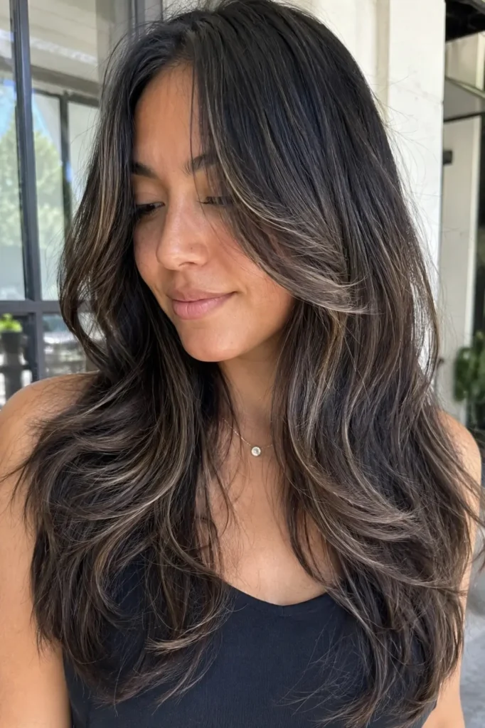 girl with dark hair featuring smoky mushroom babylights and soft curtain layers, shown in a natural portrait with gentle waves and movement.