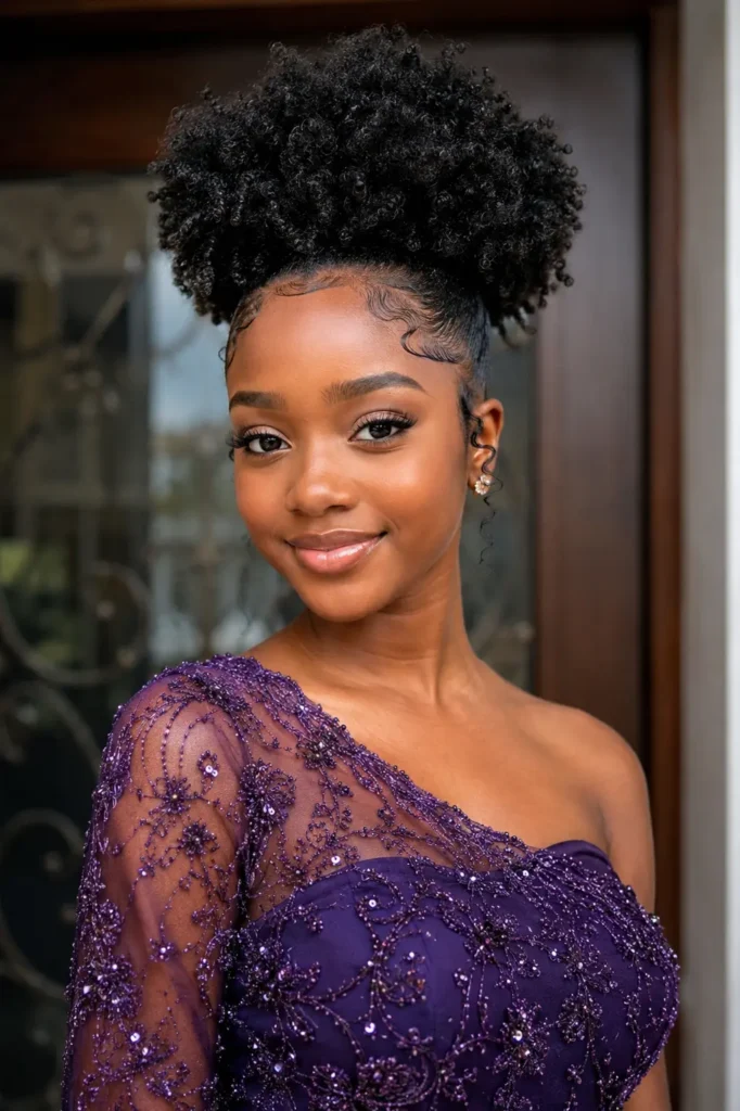 Real teenage girl with a voluminous soft afro puff hairstyle and sleek, glam-styled edges, wearing an elegant purple formal dress. The portrait emphasizes the natural curl texture, height, and fullness of the afro puff, with realistic skin texture