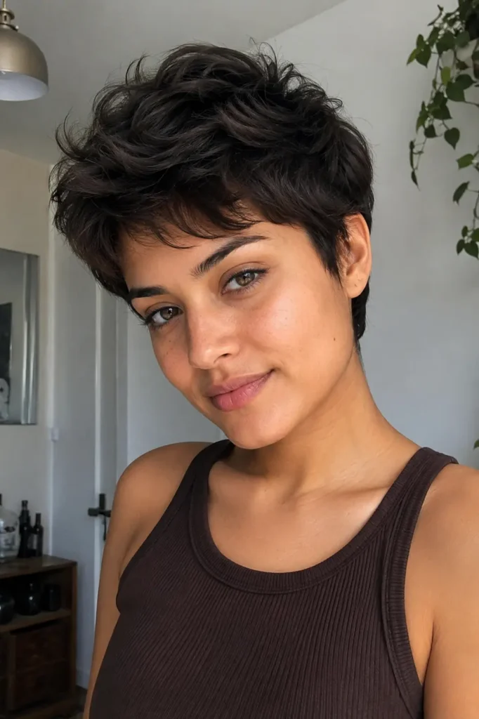 a young woman with a short, thick, tousled dark pixie haircut and natural makeup, wearing a dark ribbed tank top.