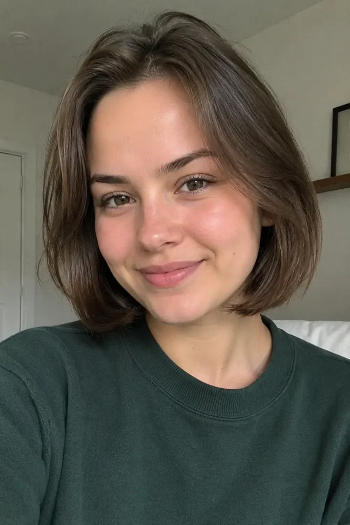 young woman with a square face shape and soft rounded bob haircut featuring light crown volume, photographed indoors in cozy natural lighting