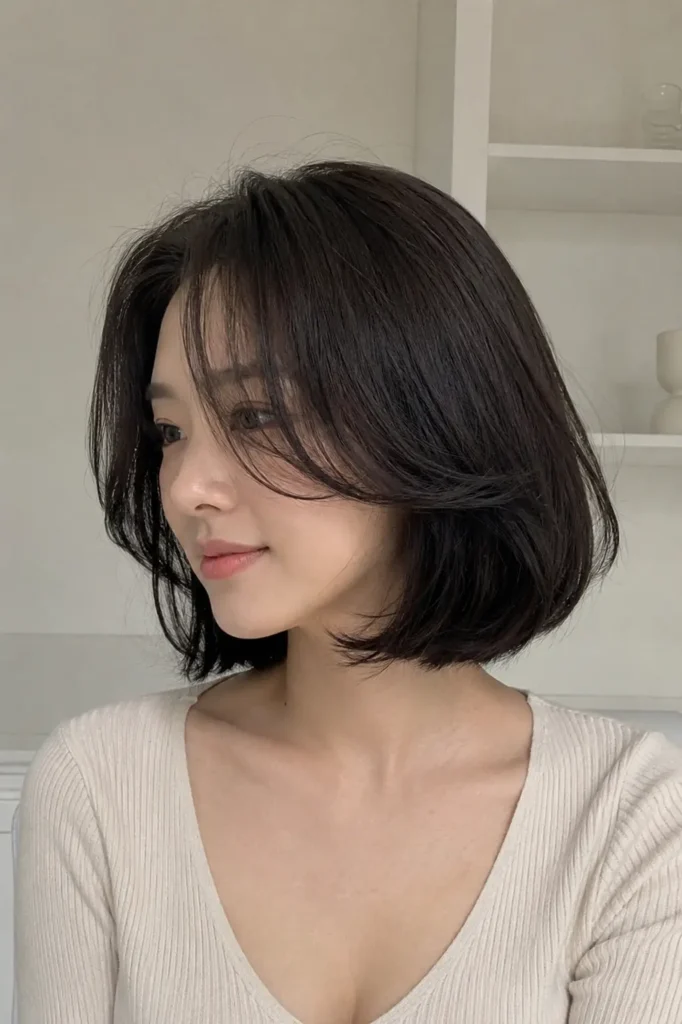a young woman with a soft layered dark bob haircut styled with inward-curled ends framing her face. She has a natural, minimal makeup look and a calm expression while gazing slightly to the side. She is wearing a light beige ribbed knit top