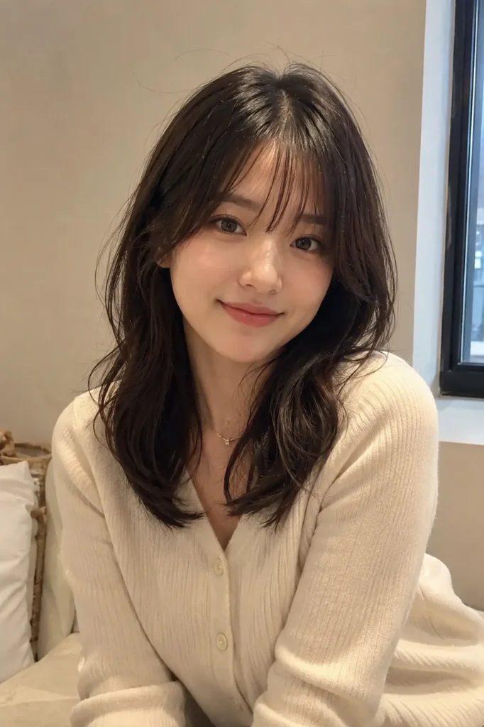 A softly lit indoor portrait of a young woman with medium-length dark hair and curtain bangs, wearing a casual elegant cream cardigan.
