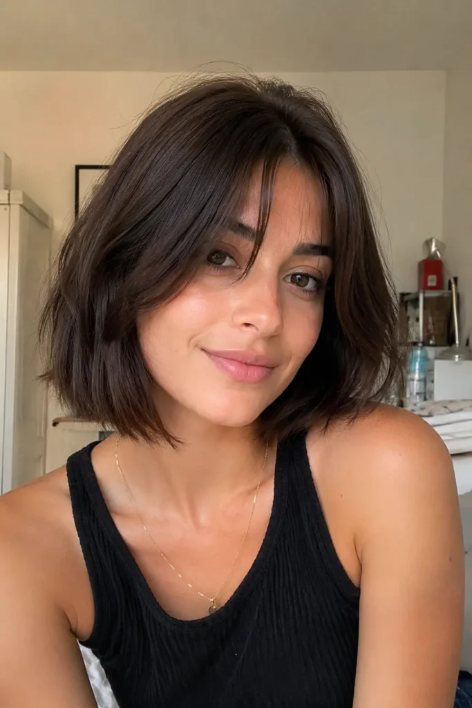 short dark brown bob haircut and soft curtain-style front pieces looks at the camera with a relaxed expression.