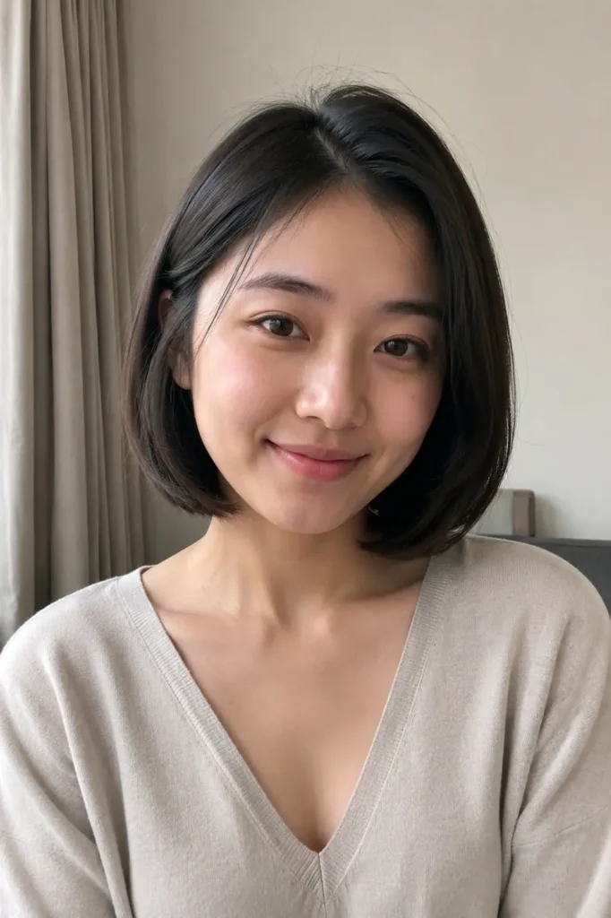 A close-up indoor portrait of a woman with a soft curved bob haircut and inward ends, wearing a light-colored top,