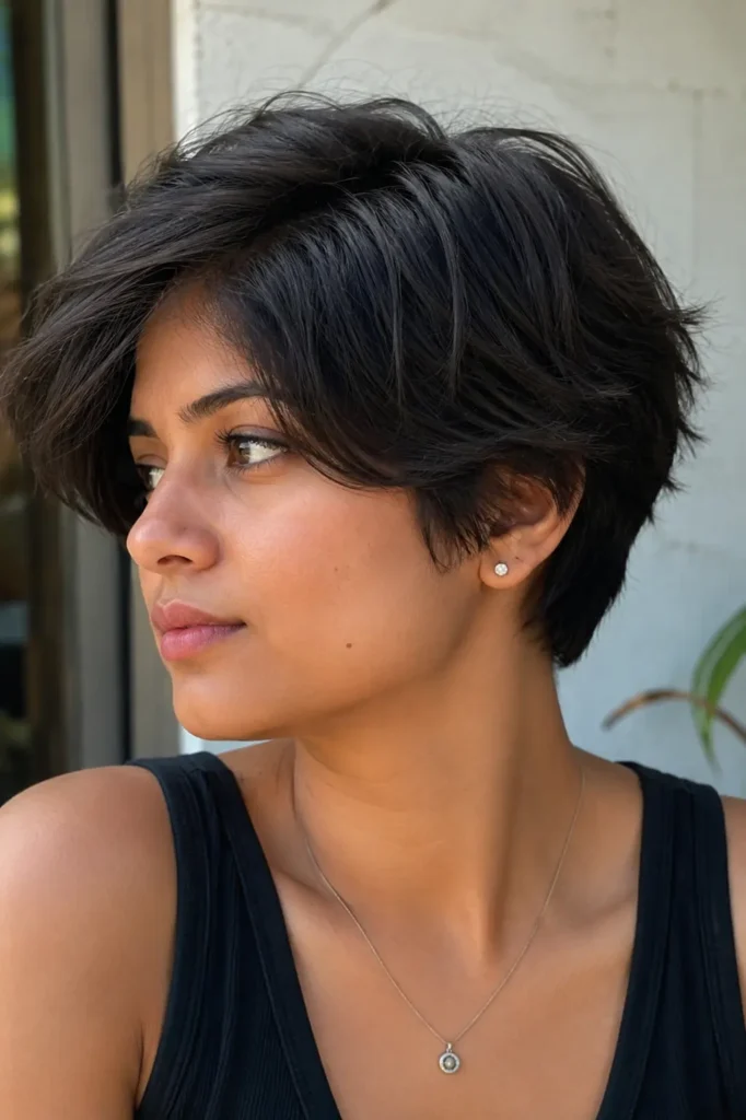 a real girl with thick hair styled in a soft-edged short crop haircut with blended ends. Her hair has a natural, slightly textured finish, softly framing her face.